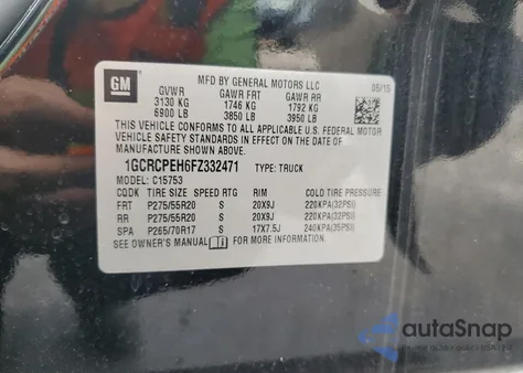 2015 Chevrolet Silverado C1500 z USA, uszkodzony, nr VIN 1GCRCPEH6FZ332471